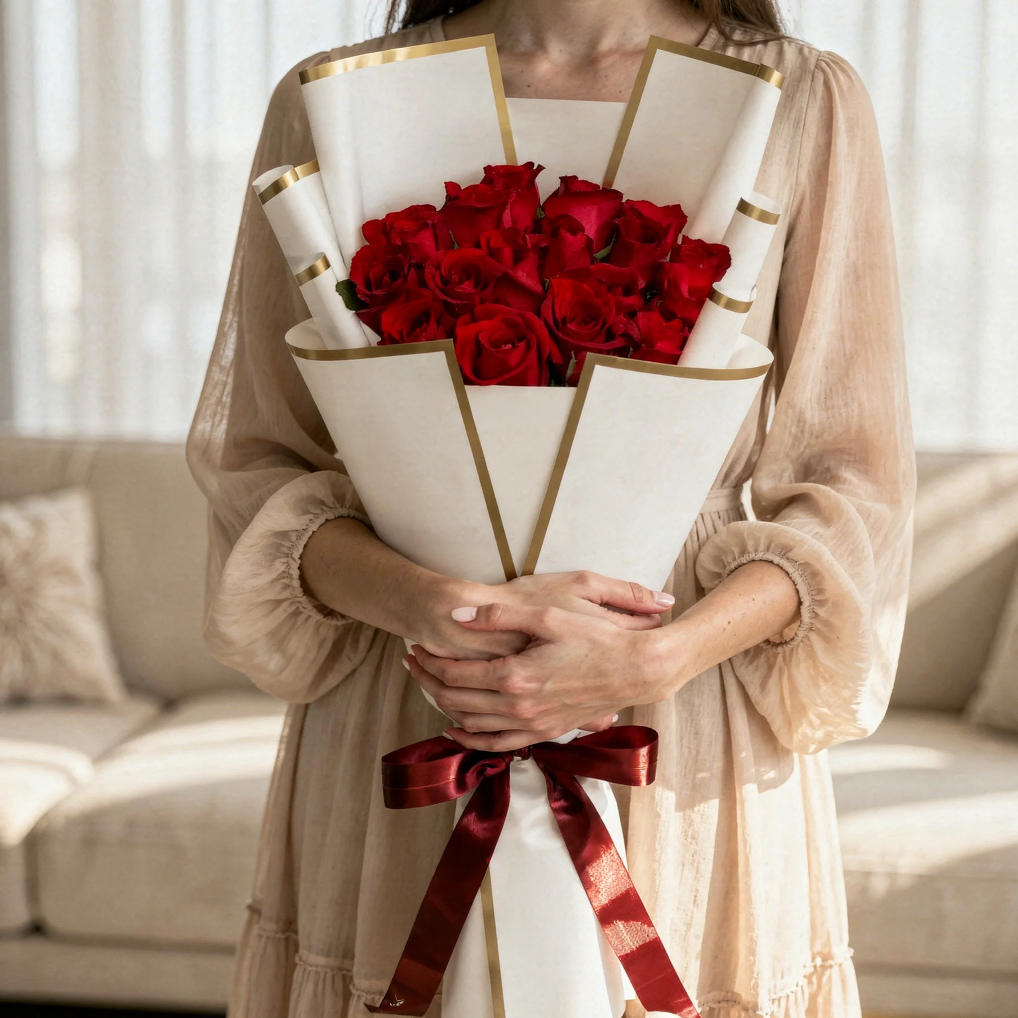 Bouquet of red roses with green fillers