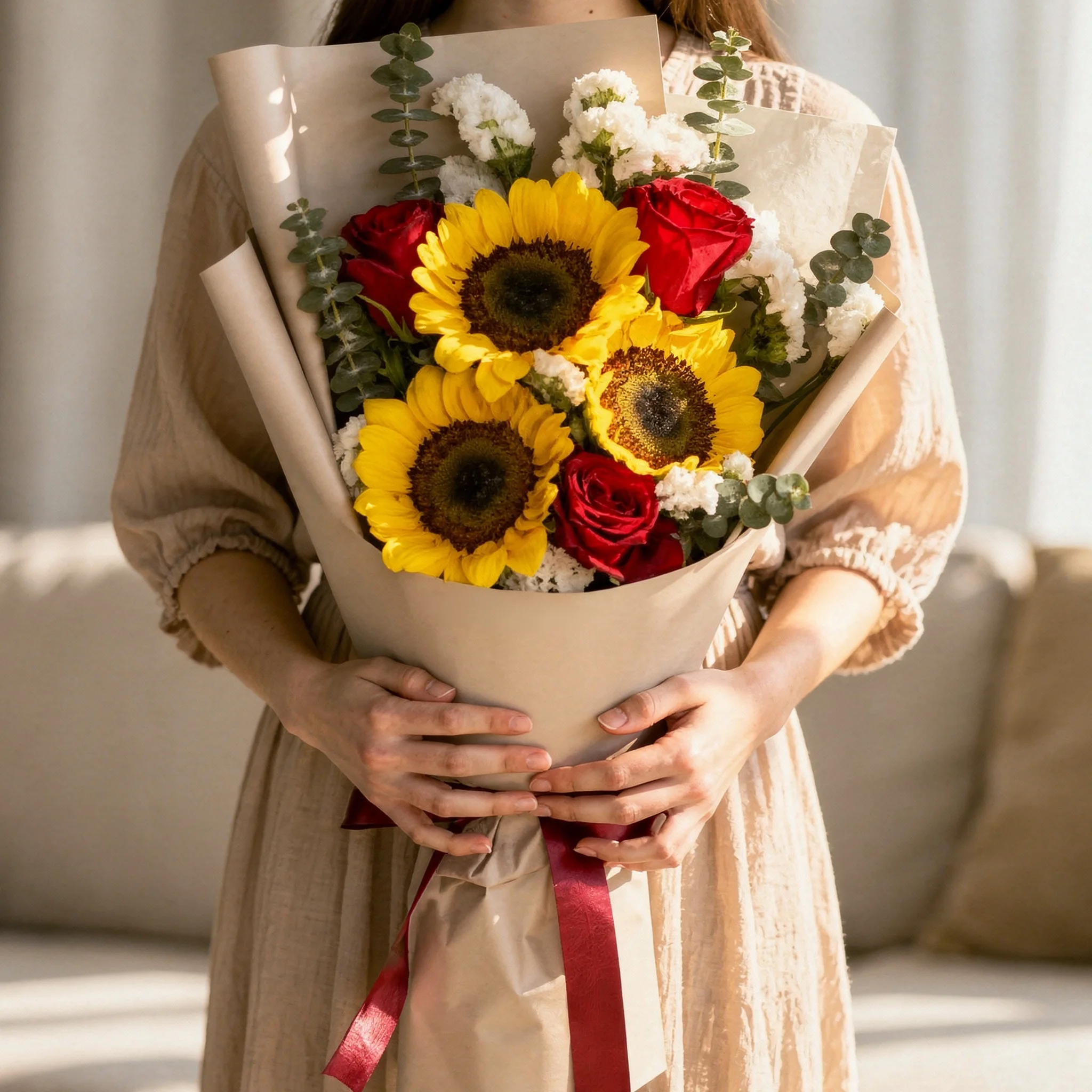 sunflower and roses bouquet with greens