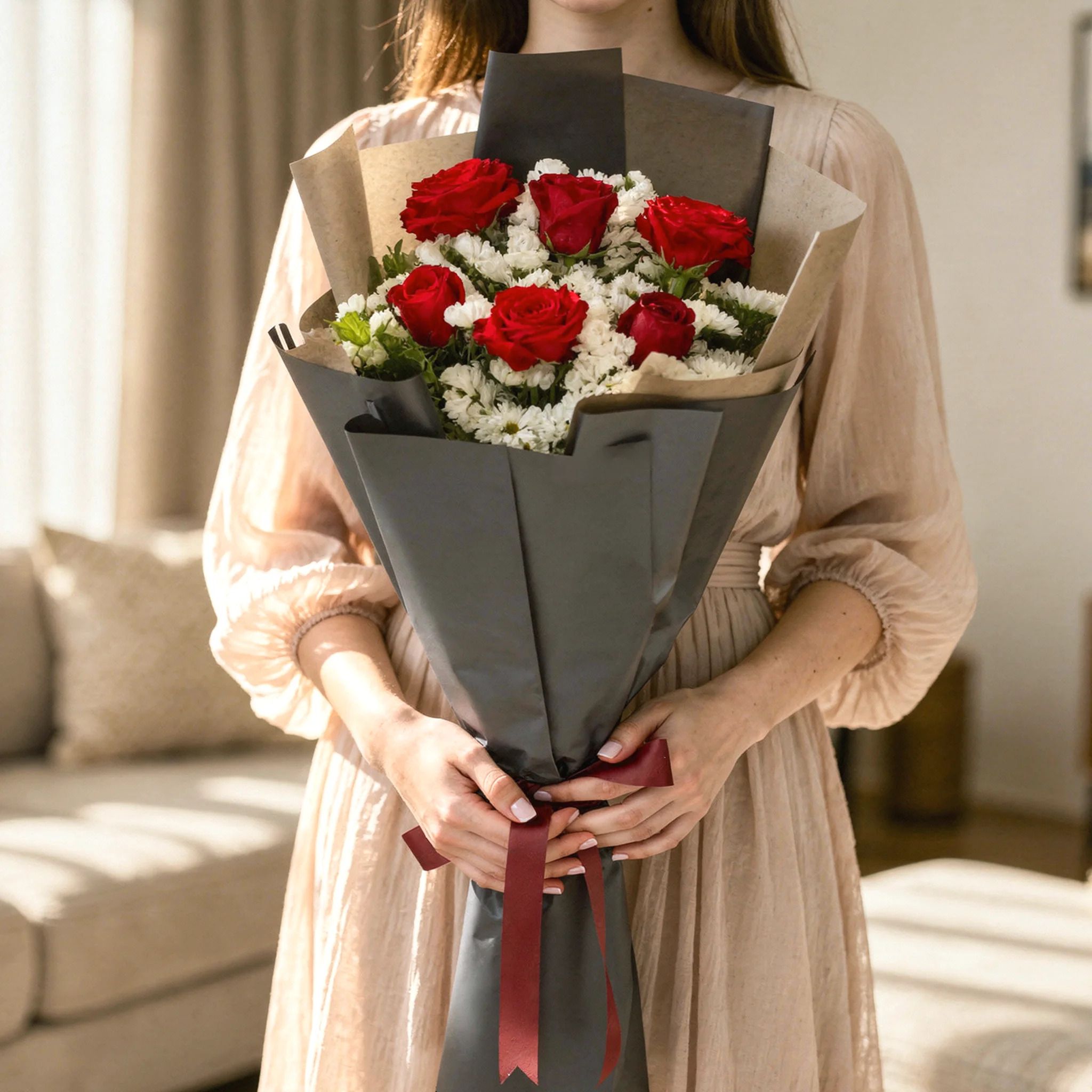 stem for 3 white roses with wax flower