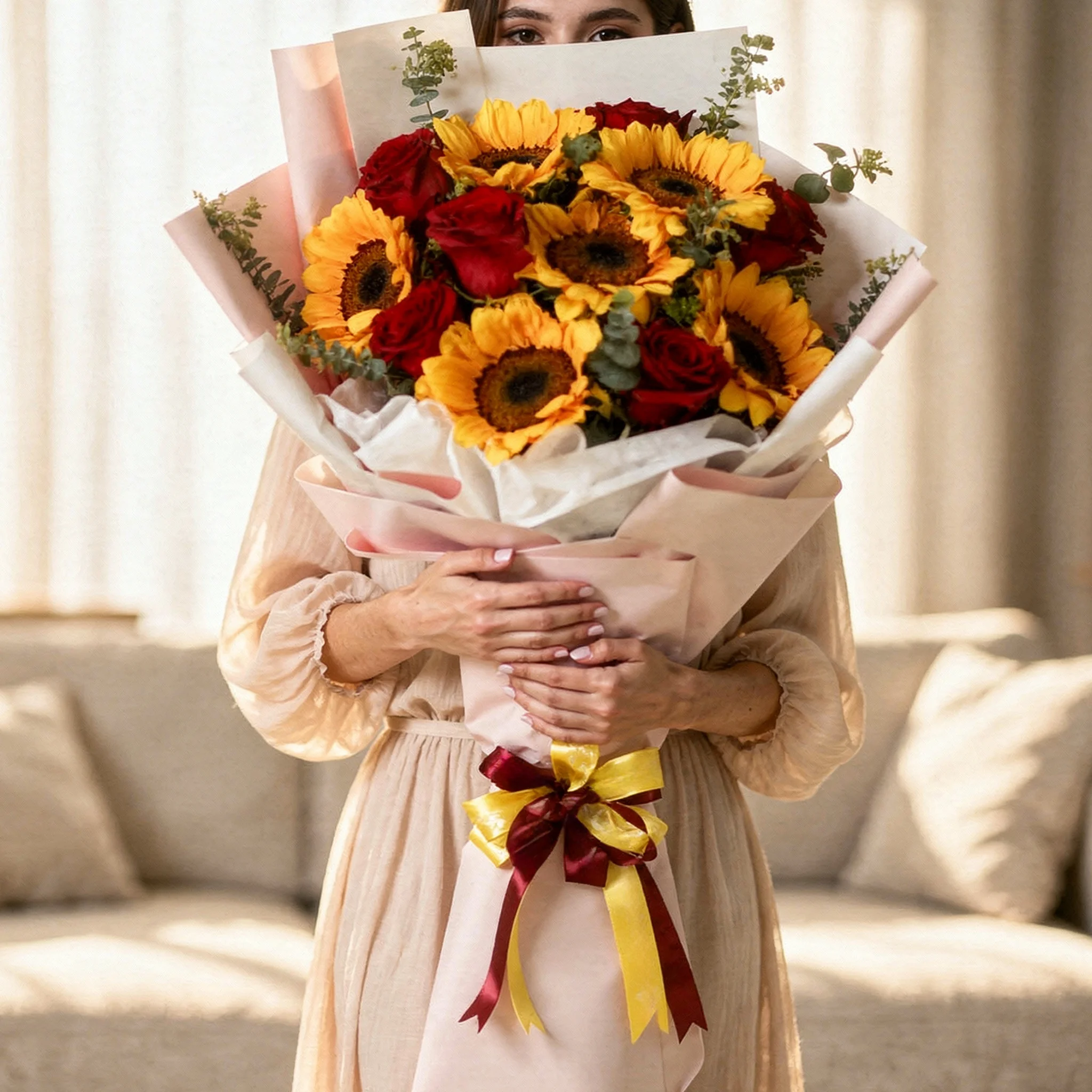 Bouquet of 6 sunflowers and 6 red roses with eucalyptus leaf.