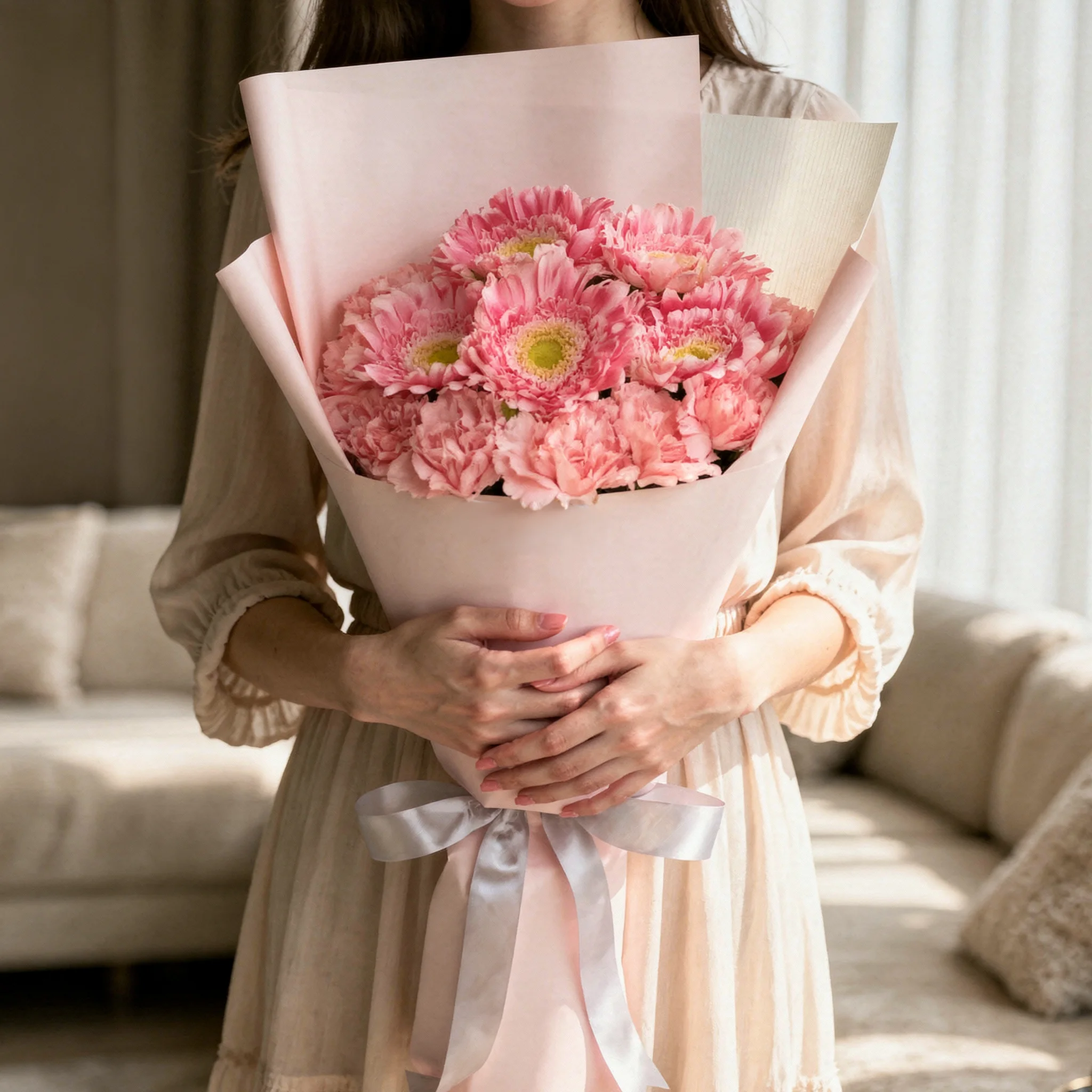Bouquet of 5 pink gerberas and 10 pink carnations with fillers.