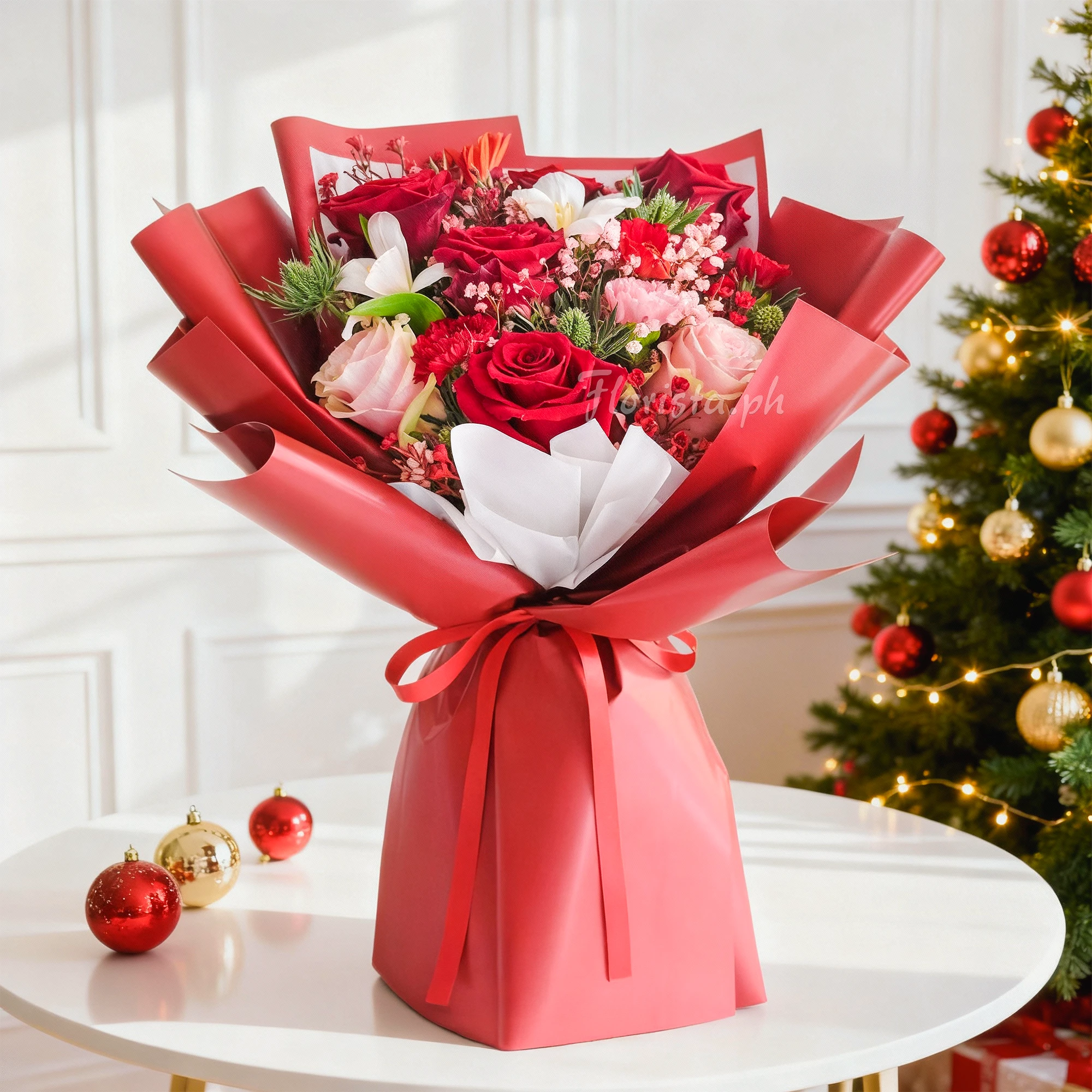 Bouquet of 5 red roses, 2 pink roses, 4 red and pink carnations, 2 white tulips with baby's breath and green fillers in a red wrapping and tied with red ribbons.