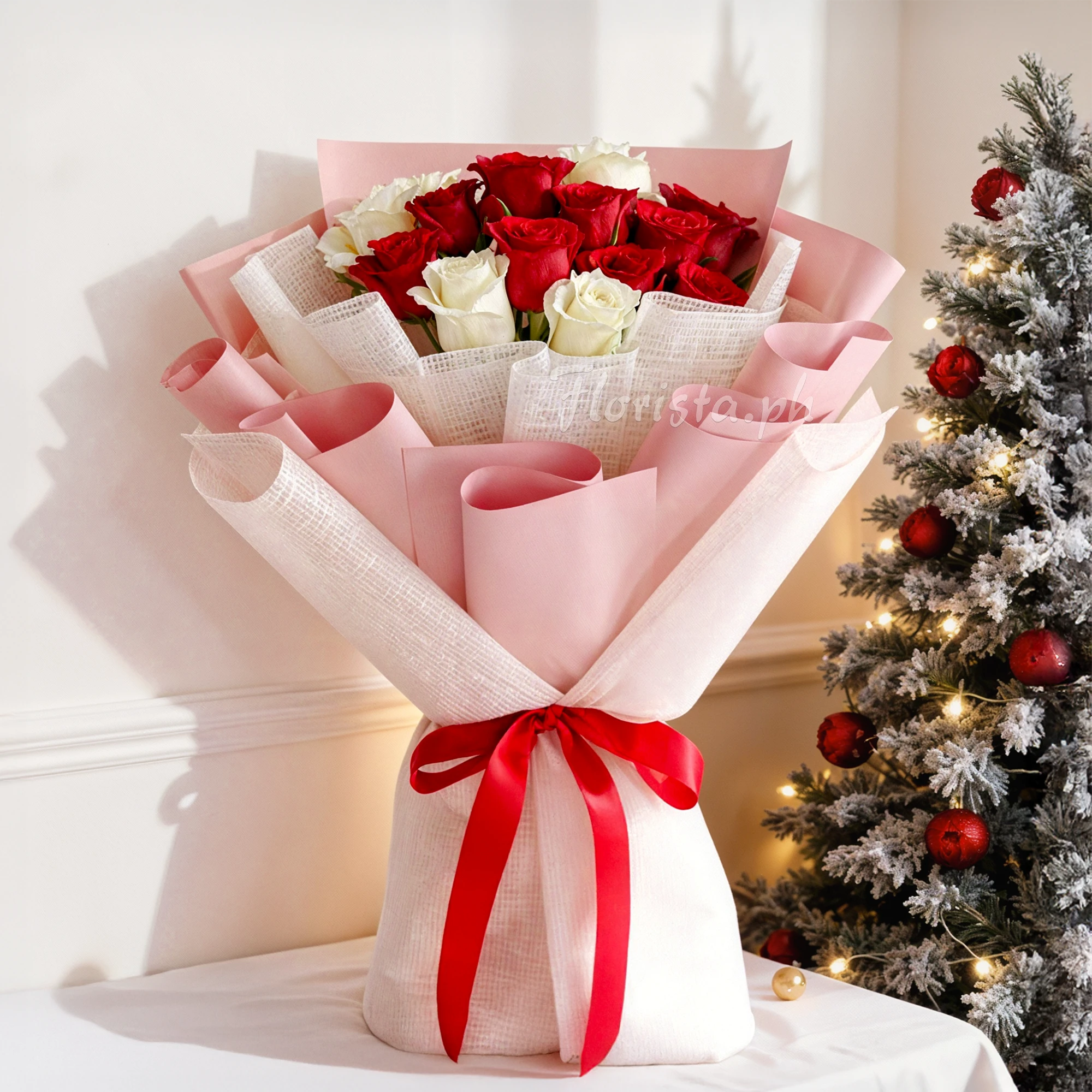 Bouquet of 9 red roses and 6 white roses with green fillers in a pink and white wrapping and tied with red ribbons.