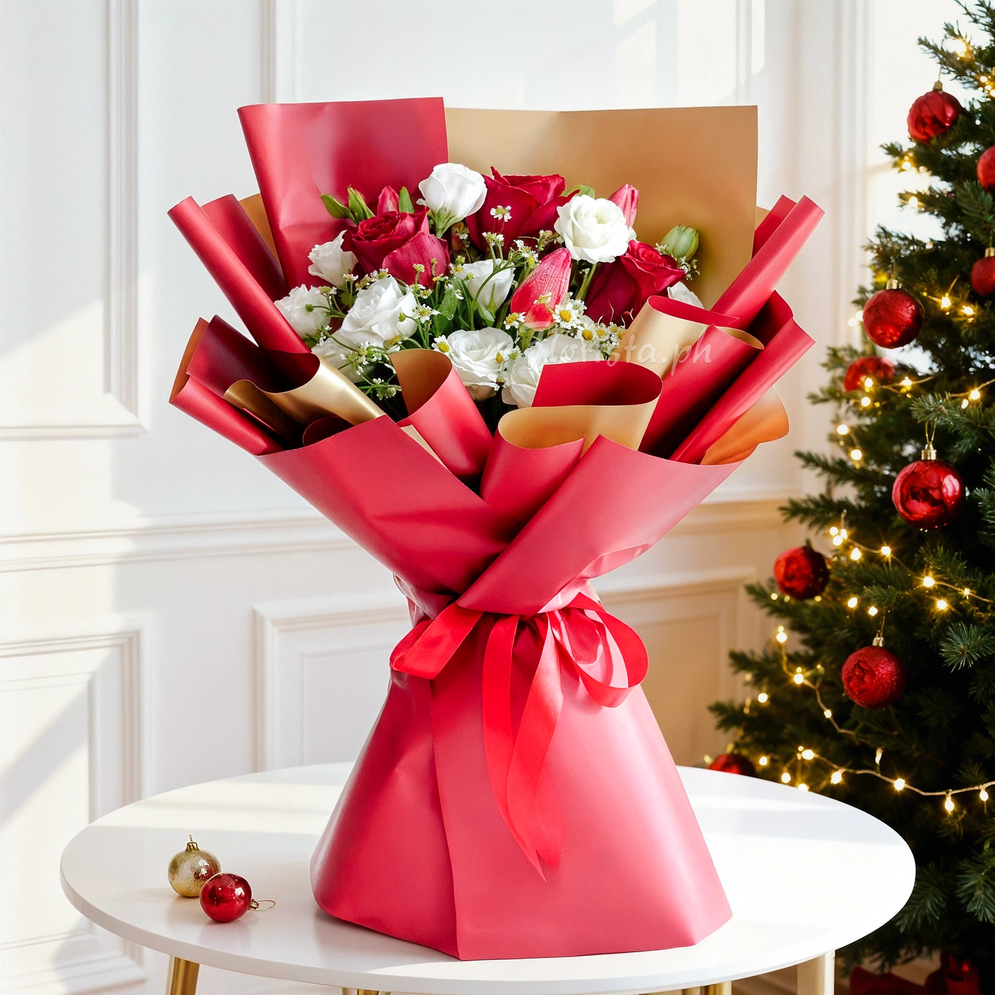 Bouquet of 3 red roses, 10 white roses and 2 red tulips with green fillers in a red and gold wrapping and tied with red ribbons.