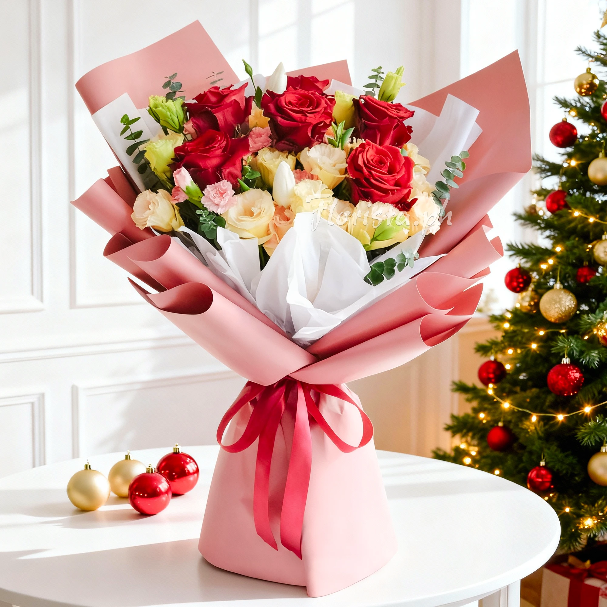 Bouquet of 6 red roses, 10 peach roses and 2 pink spray carnations with green fillers in a pink wrapping and tied with red ribbons.