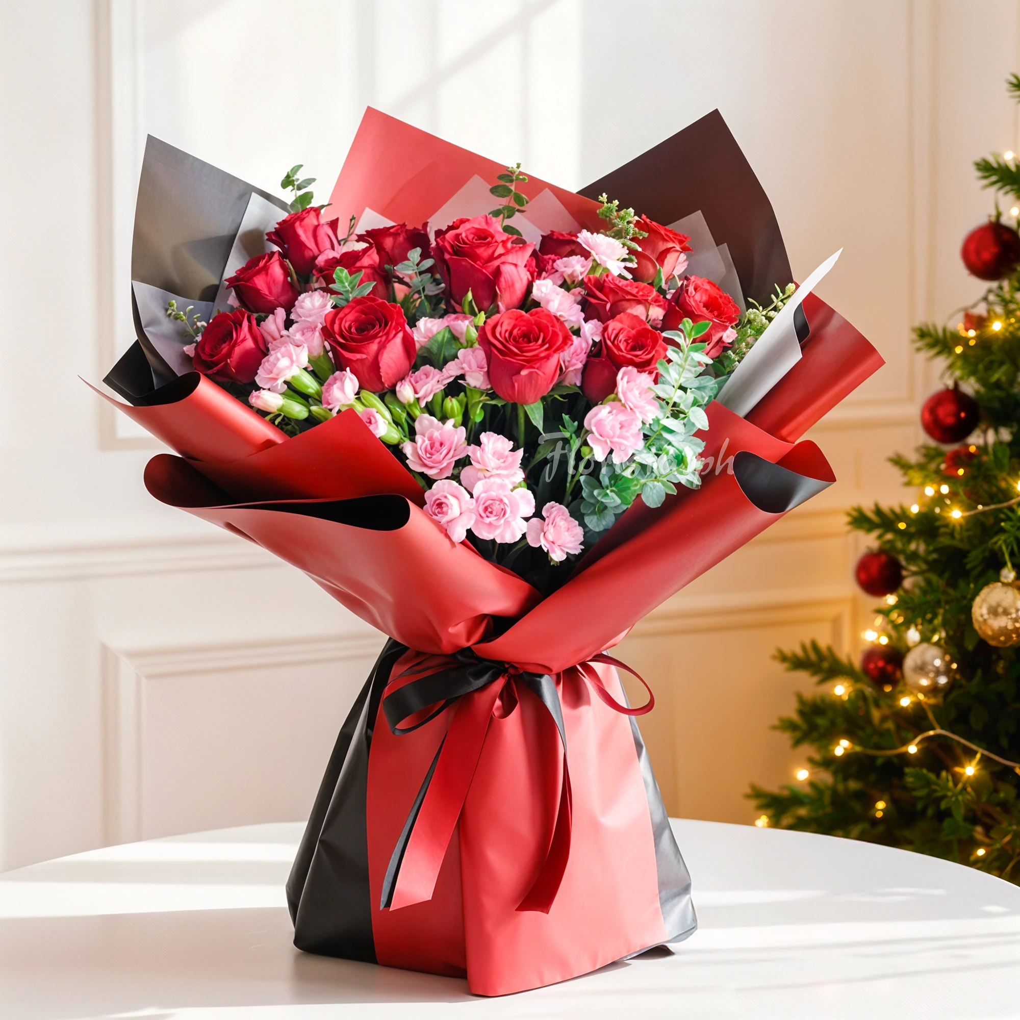 Bouquet of 15 red roses and 5 pink spray carnations with green fillers in a red and black wrapping and tied with red and black ribbons.