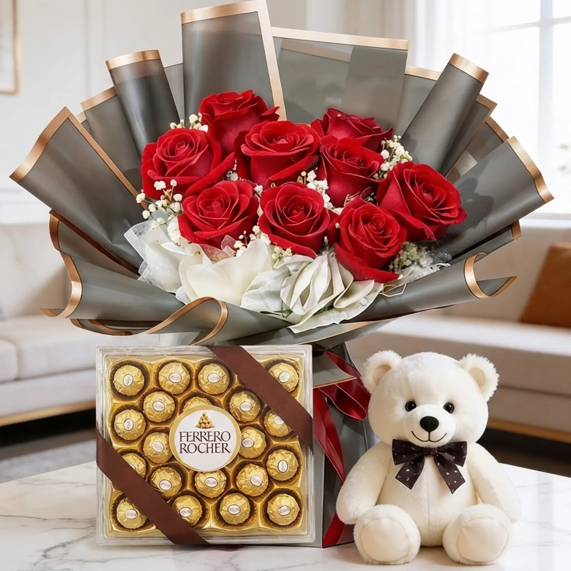 Bouquet of 10 red roses with green fillers in white paper packing with 6 inches teddy bear and 24pcs of Ferrero rocher chocolate.