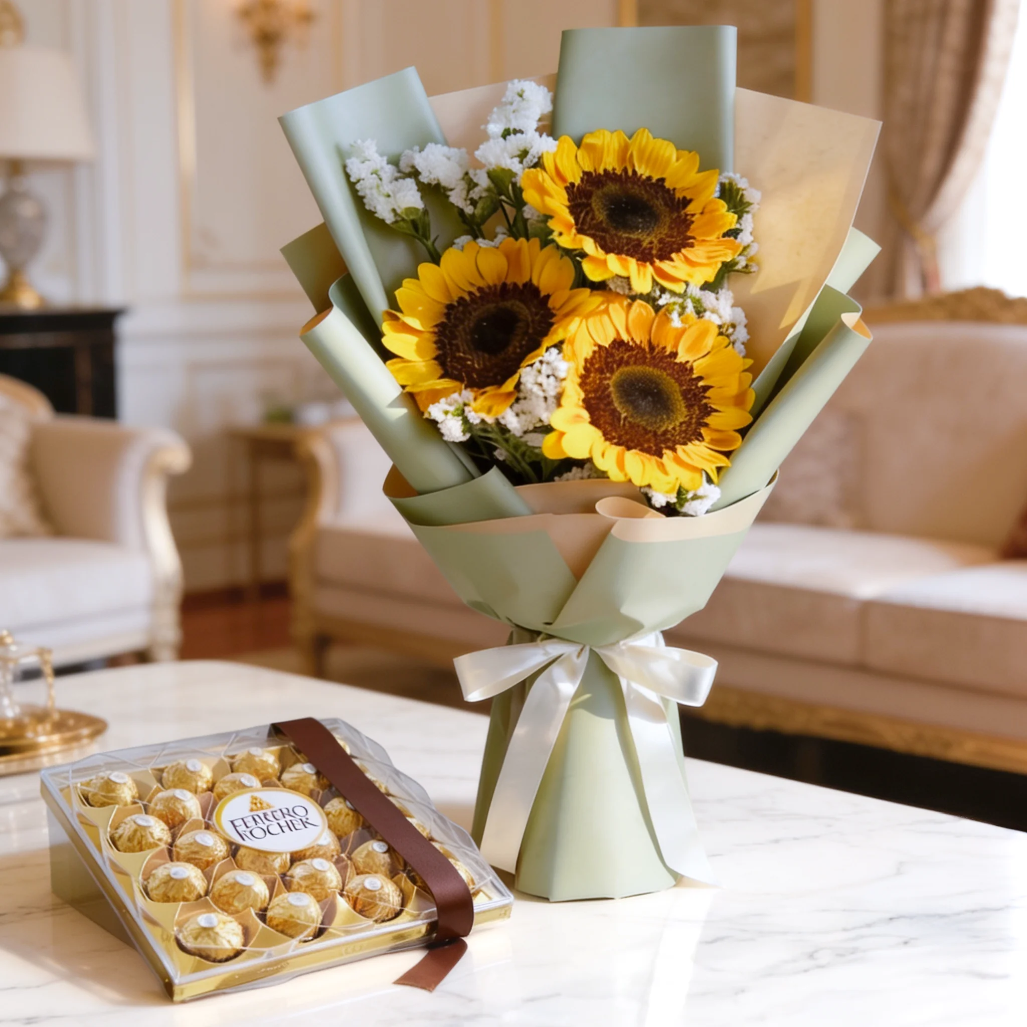 Bouquet of 3 Sunflowers with white statis in nice wrapping and 24pcs of Ferrero rocher chocolate.
