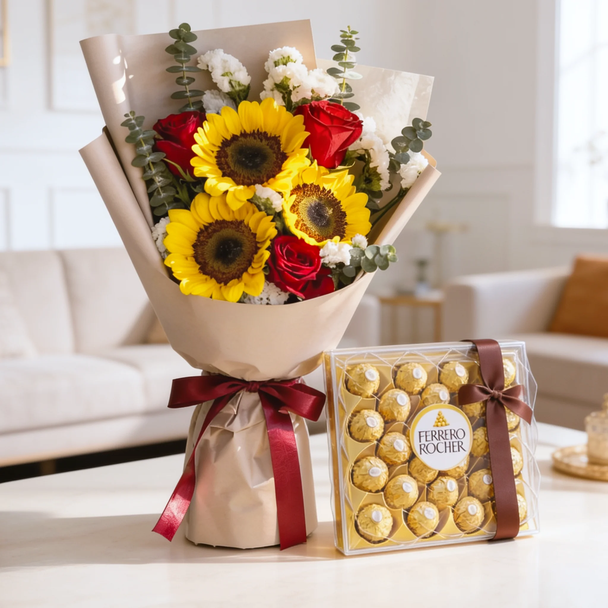 Bouquet of 3 sunflowers and 3 red roses with white statis and eucalyptus leaf in nice wrapping and 24pcs of Ferrero rocher chocolate.