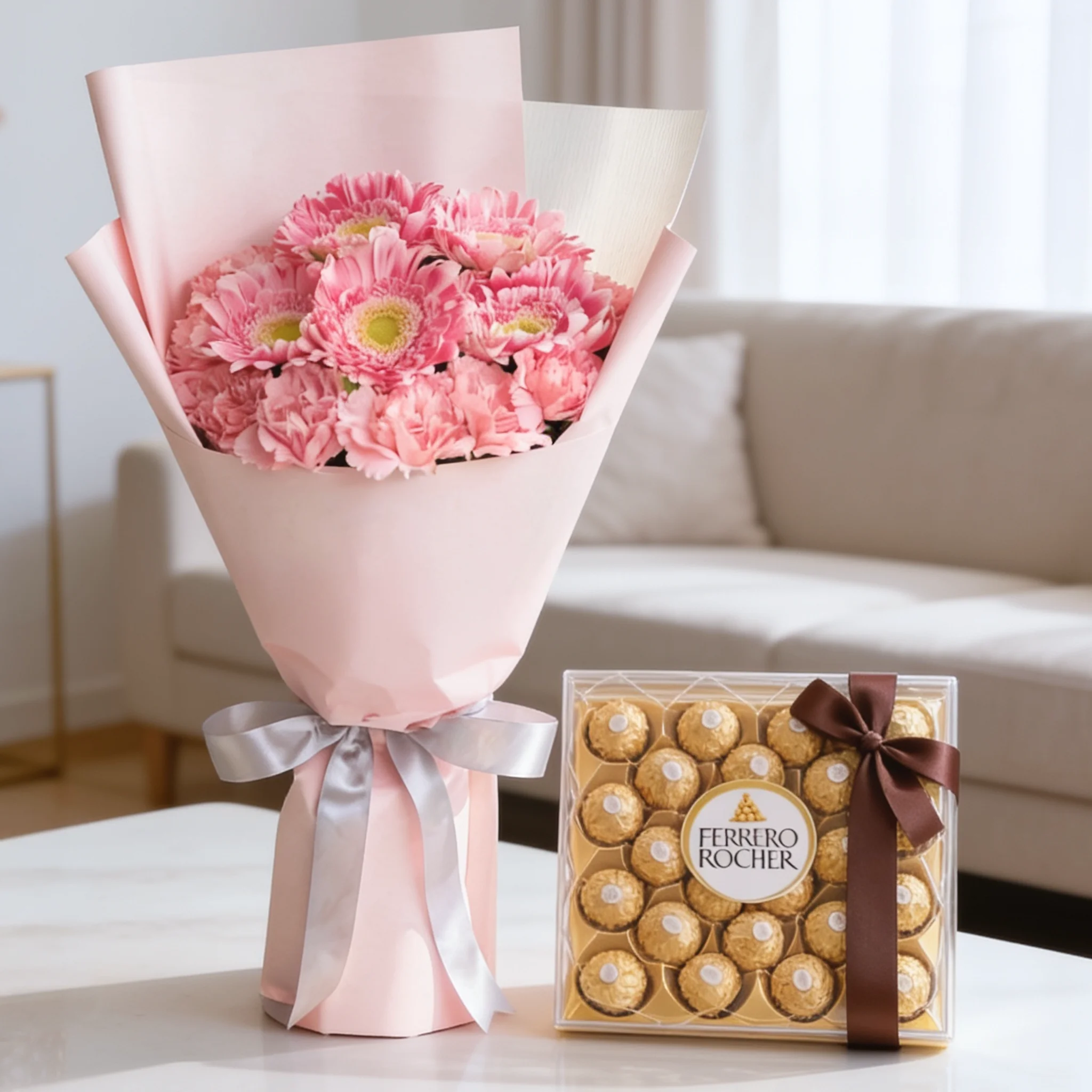 Bouquet of 5 pink gerberas and 10 pink carnations with fillers in pink wrapping paper and 24pcs of Ferrero rocher chocolate.