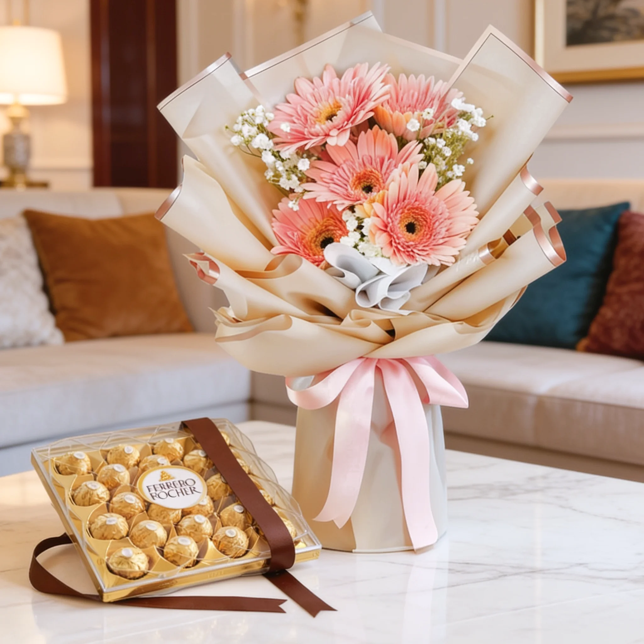 Bouquet of 5 stems of pink gerberas with fillers beautifully wrapped in a paper packing with ribbon and 24pcs of Ferrero rocher chocolate.