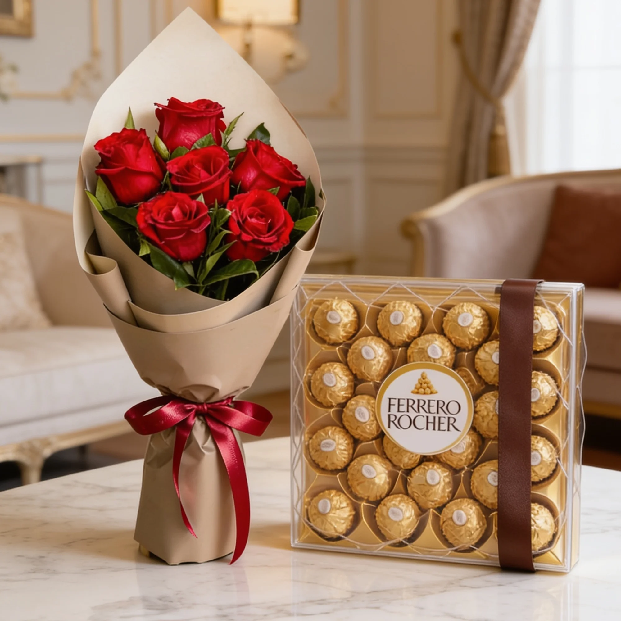 Bouquet of 6 red roses with green fillers in paper paper packing and 24pcs of Ferrero rocher chocolate.