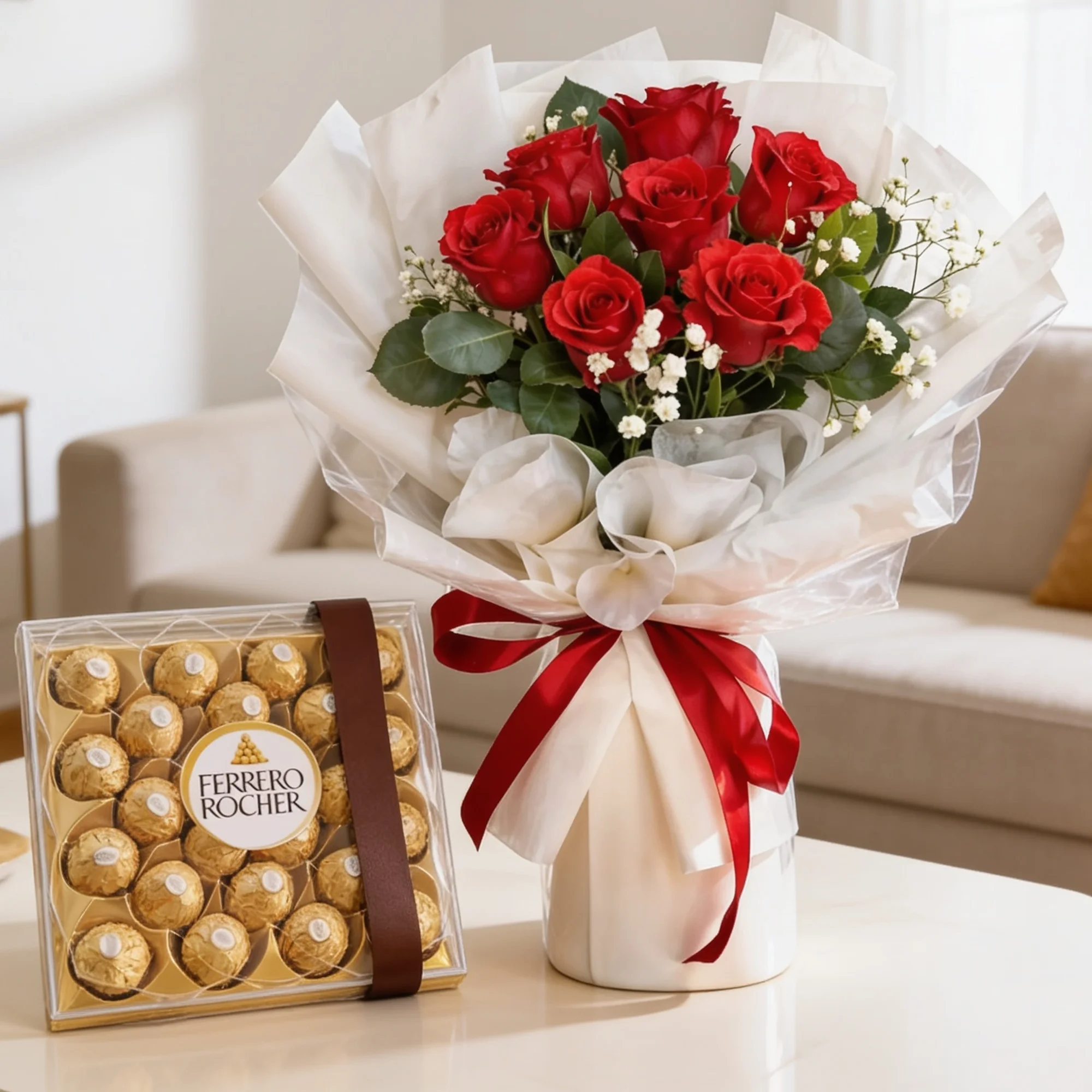 Bouquet of 7 red roses with green fillers in white paper packing and 24pcs of Ferrero rocher chocolate.