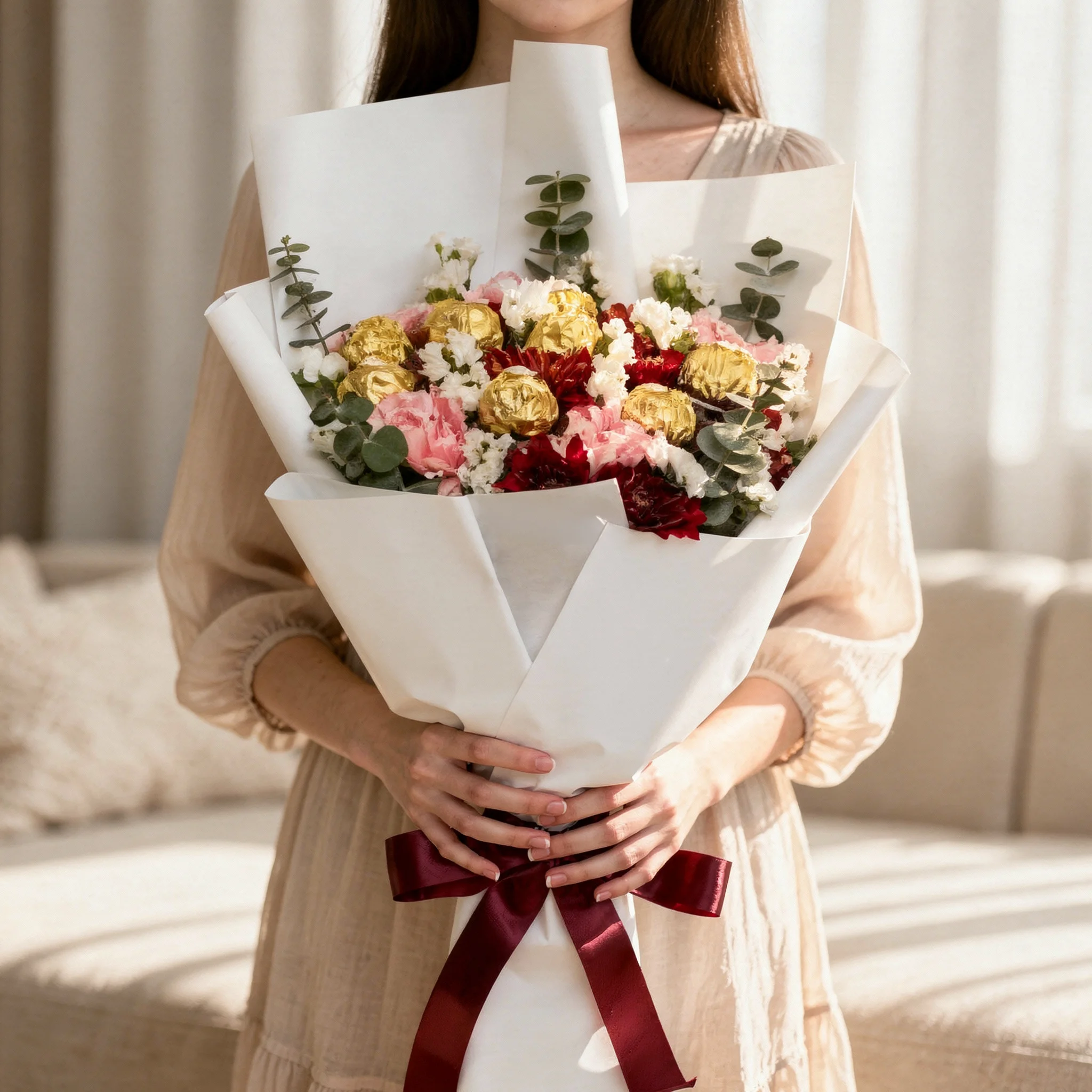 Ferrero Rocher and pink carnation chocolate bouquet with red mums, white statice, eucalyptus leaves, and elegant wrapping