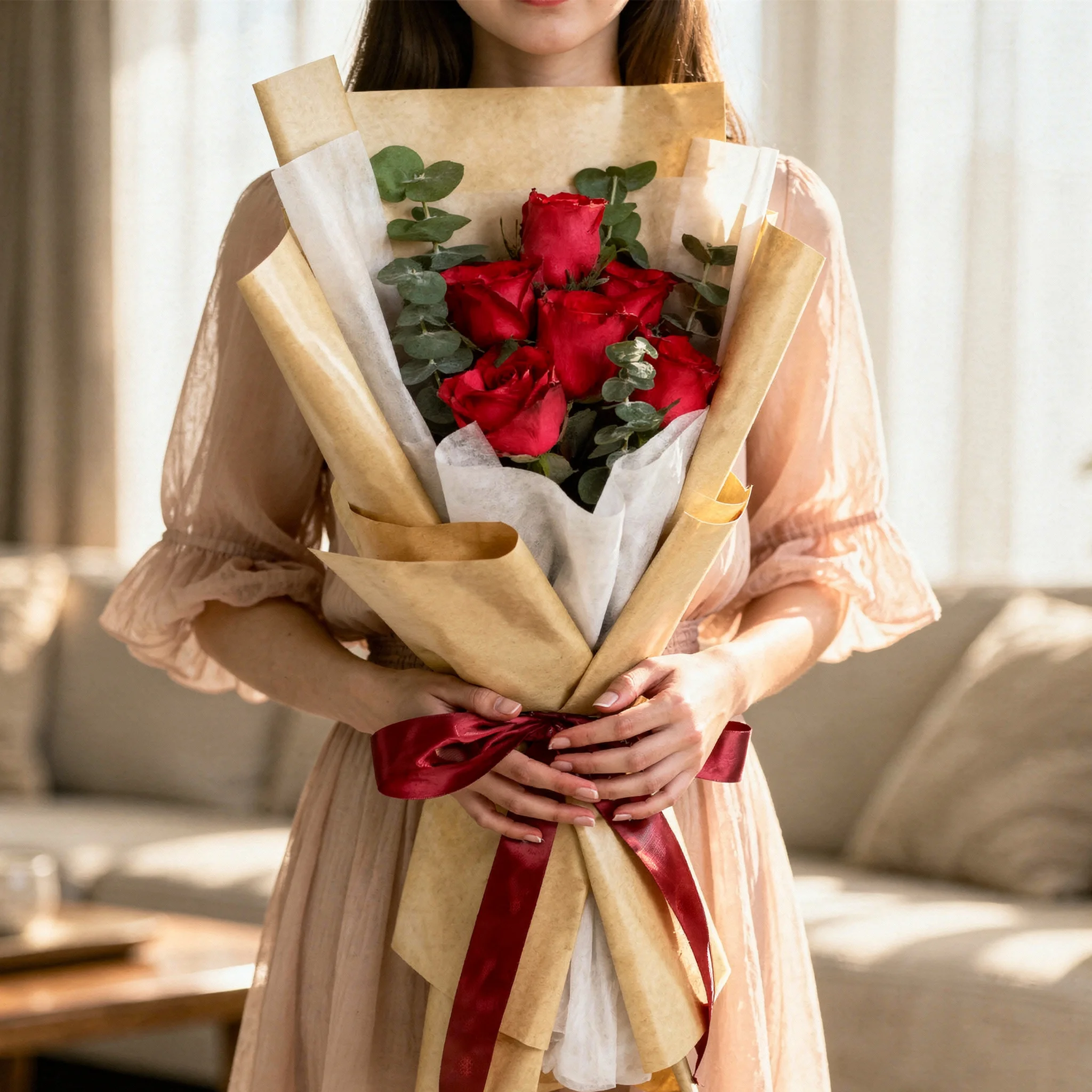 6 red roses with imported eucalyptus leaves wrapped in kraft paper romantic bouquet