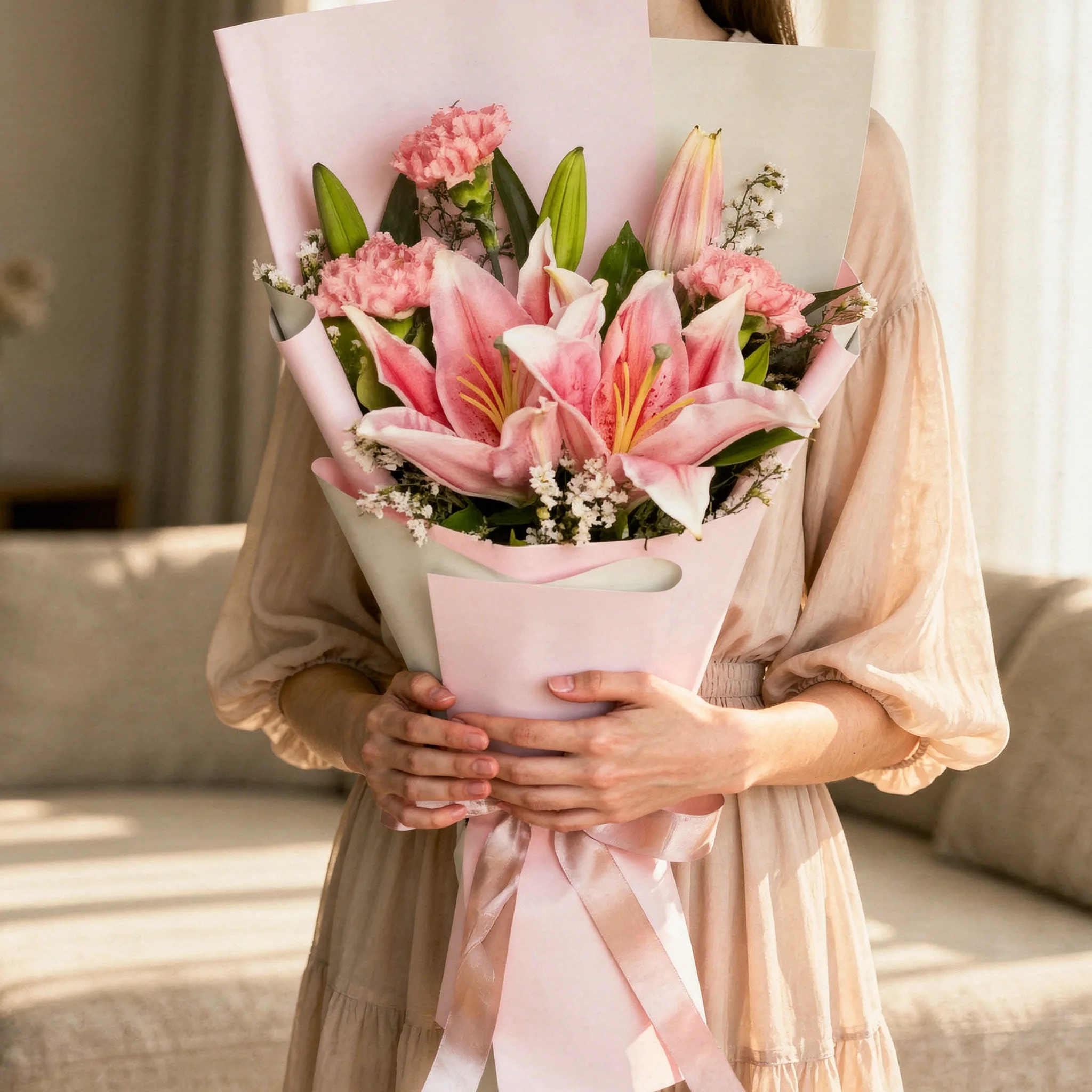 Bouquet of 1 pink lily and 3 pink carnations with green fillers