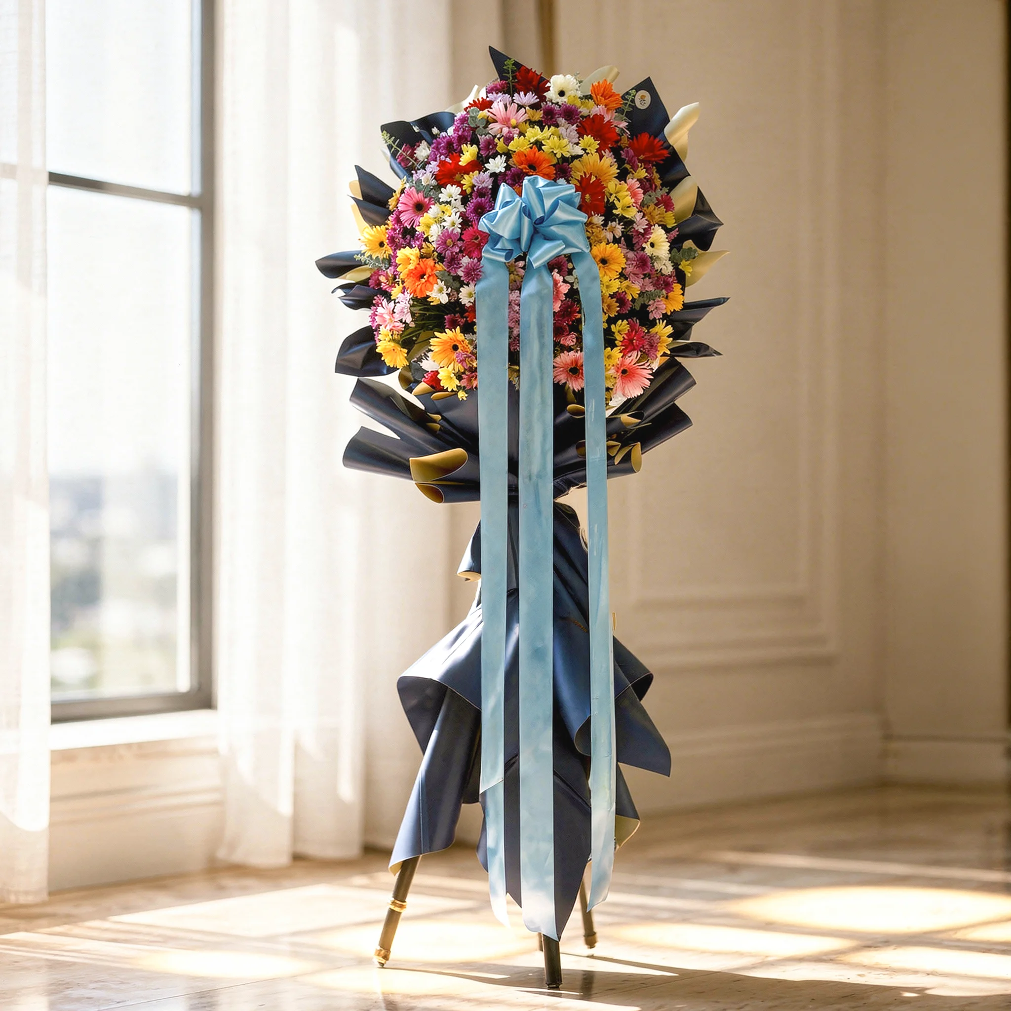 Stand arrangement of 50 mix colorful gerberas and colorful aster with green fillers