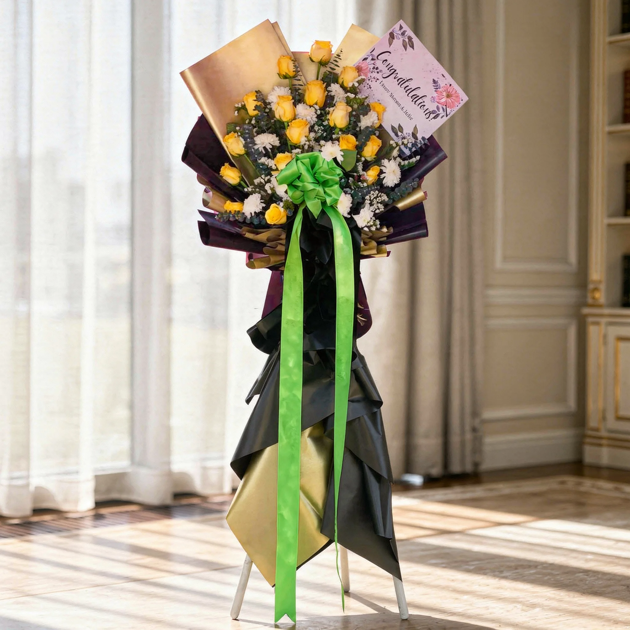 Stand arrangement of 20 yellow roses and 10 white chrysanthemums with green fillers