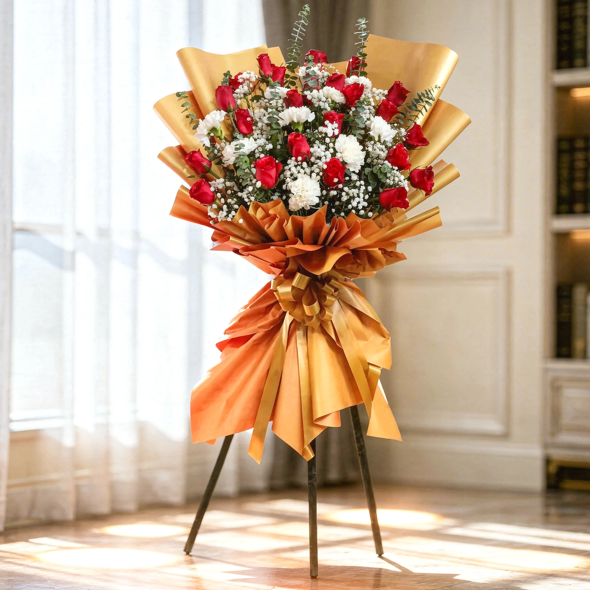 Golden inaugural flower stand with 25 red roses and white carnations for grand opening in the Philippines