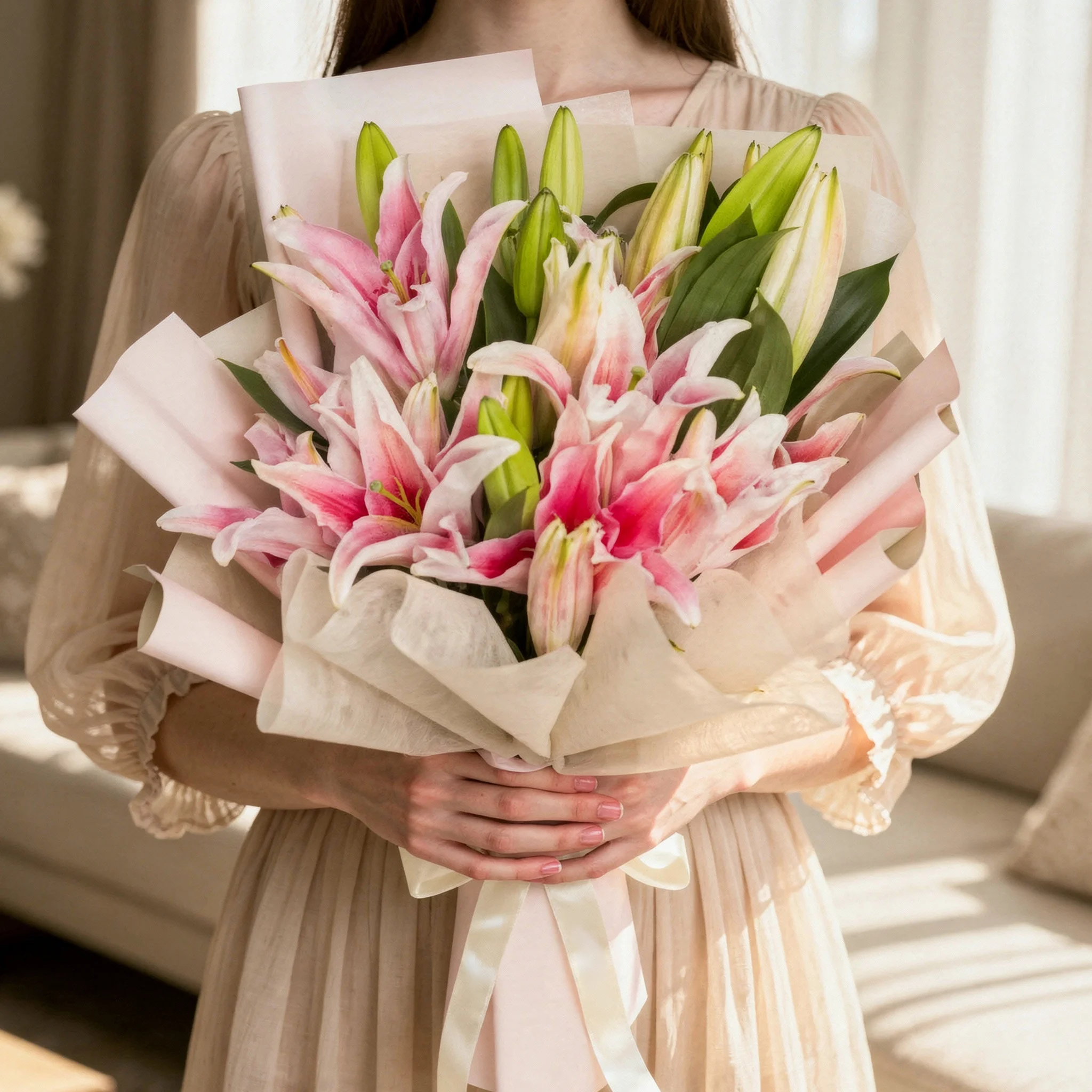 5 Stargazer Lilies with Greens Bouquet