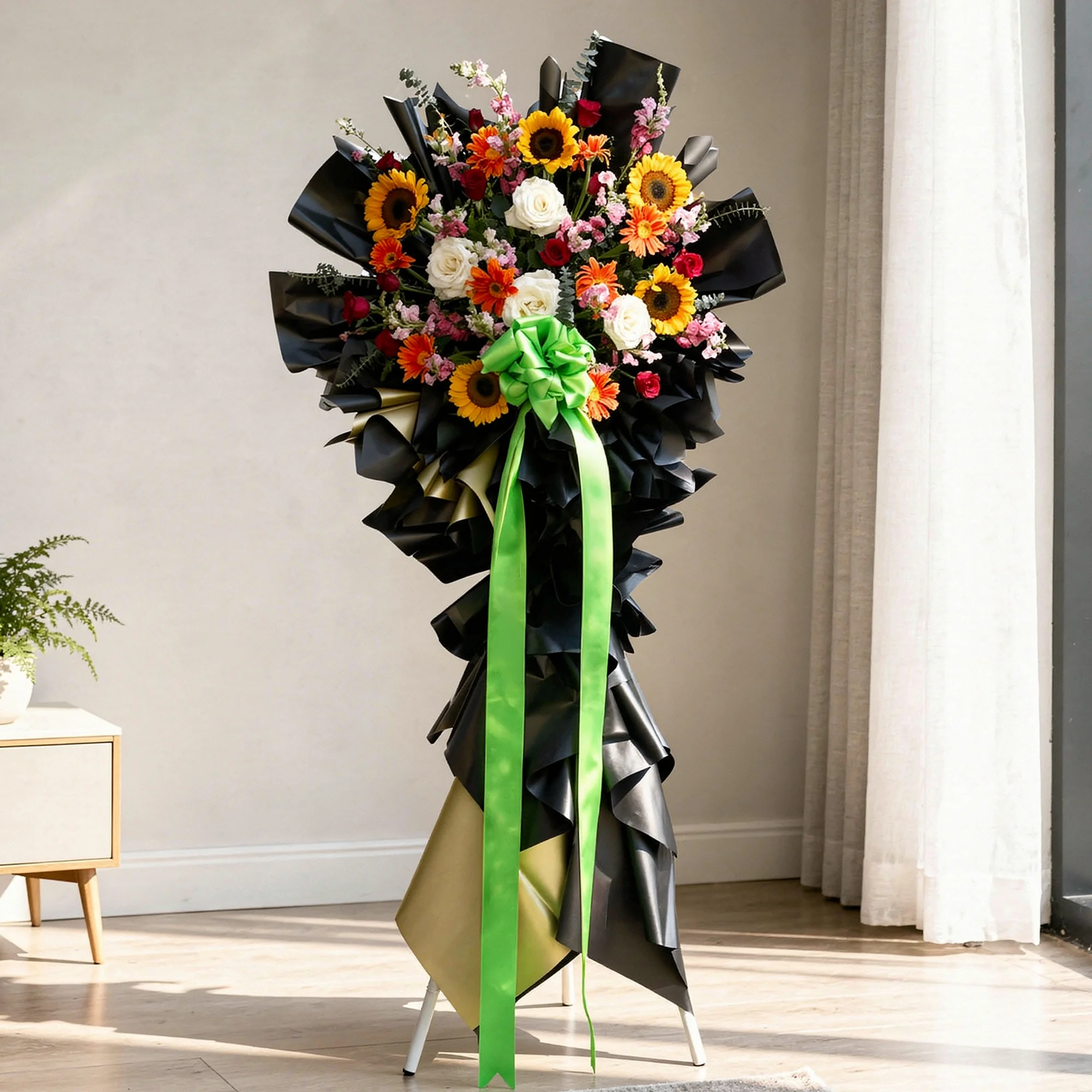 Stand arrangement of 6 sunflowers, 12 orange gerberas, 15 red roses, 5 white roses with purple statice