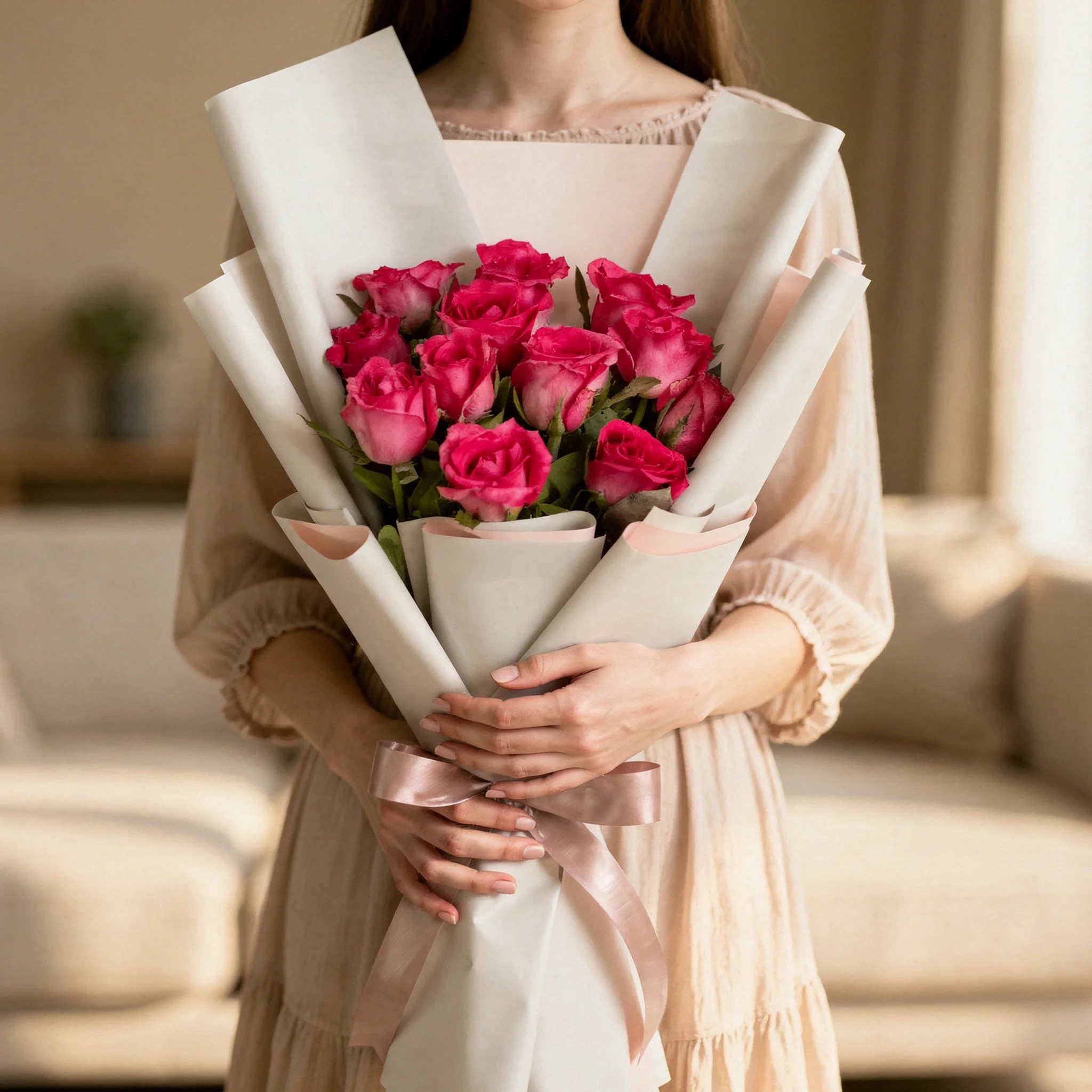 Bouquet of 12 pink roses with fillers in nice wrapping paper