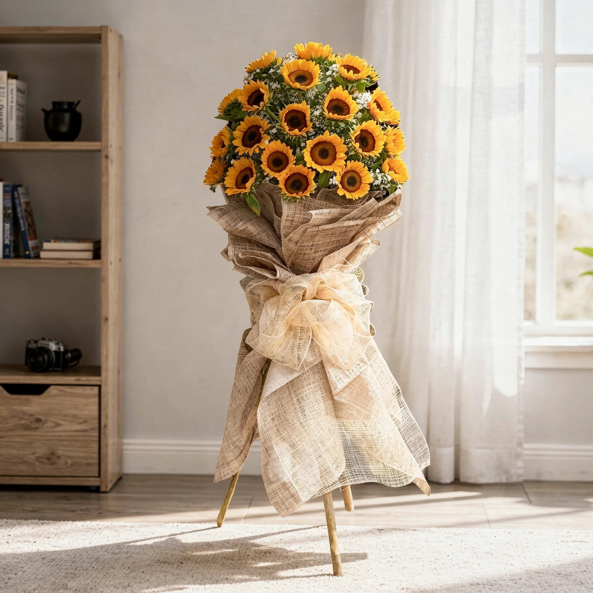 Stand arrangement of 25 sunflowers