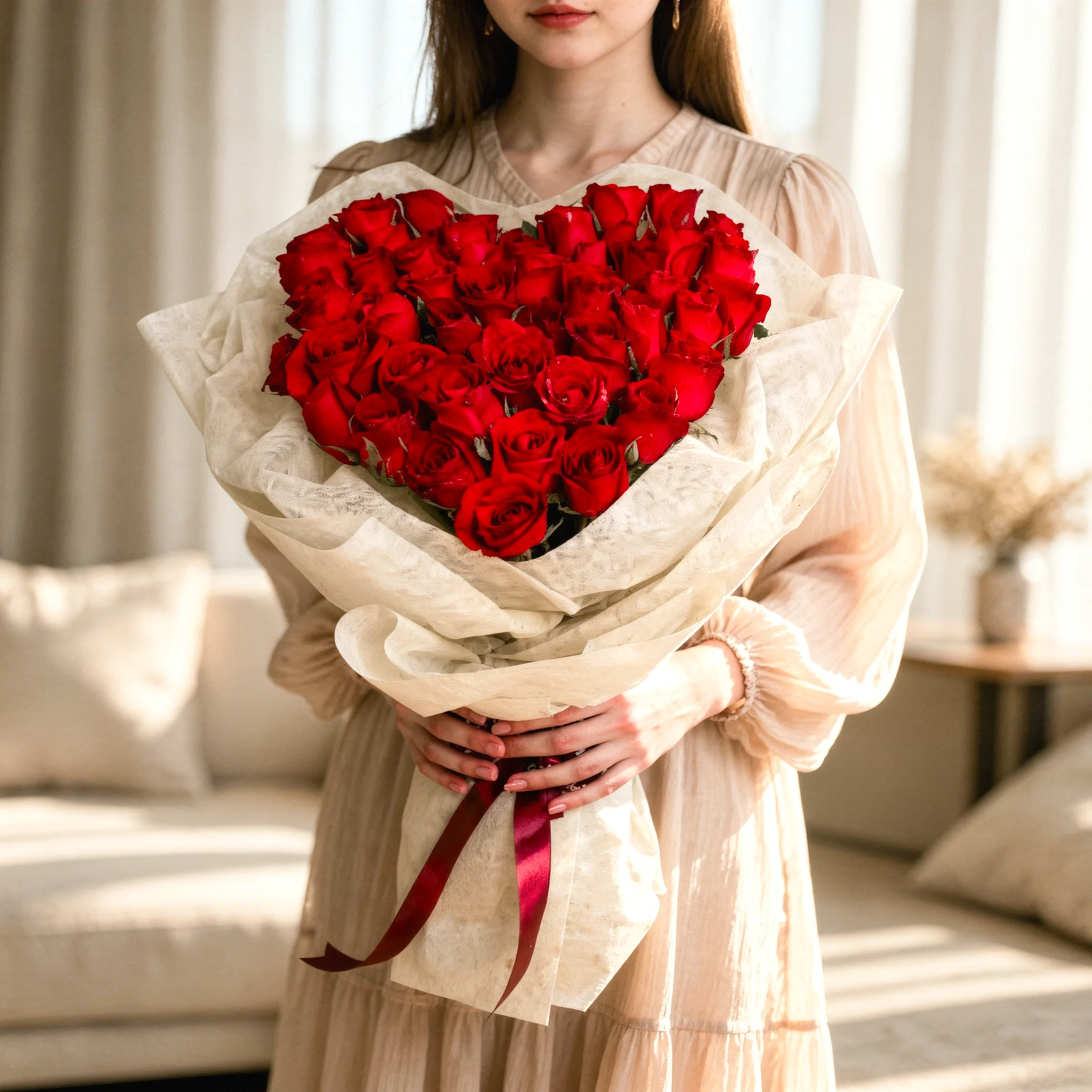 Bouquet of 50 red roses in heart-shaped in nice wrapping paper.