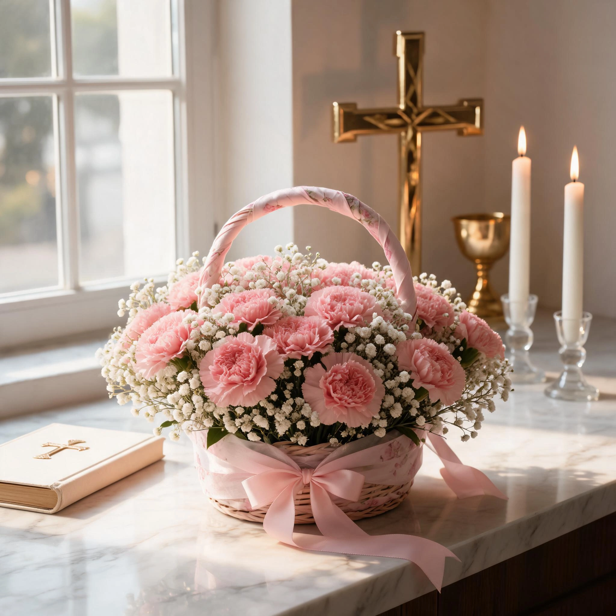 Pink carnation flower basket featuring delicate white gypsophila, fresh green foliage and pink ribbon detailing in a woven basket.
