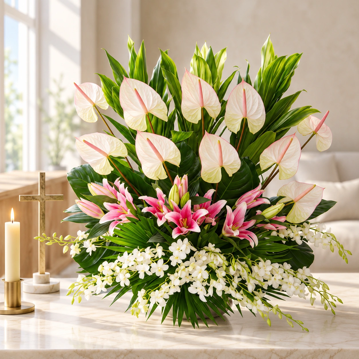 Graceful White Anthurium and Pink Lily Arrangement featuring 10 white anthuriums, 5 pink lilies, 10 white orchids and lush green foliage in an elegant basket arrangement.