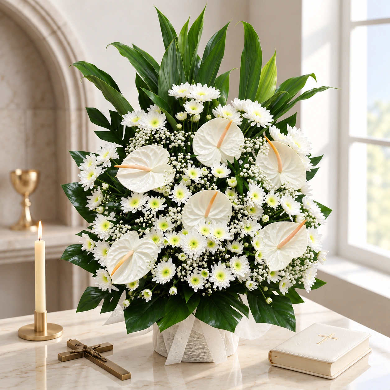 A Quiet Benediction white flower basket featuring 6 white anthuriums, 20 white chrysanthemums, delicate gypsophila and lush green foliage in an elegant white-wrapped basket.