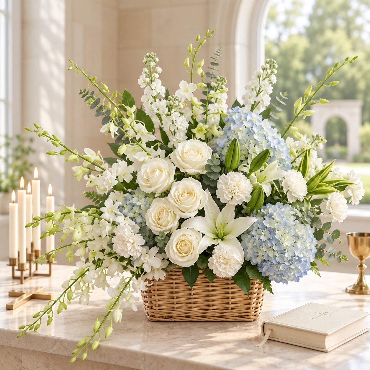 Elegant wicker flower basket featuring white lilies, ivory roses, blue hydrangeas, white carnations, delicate white filler flowers and fresh greenery.