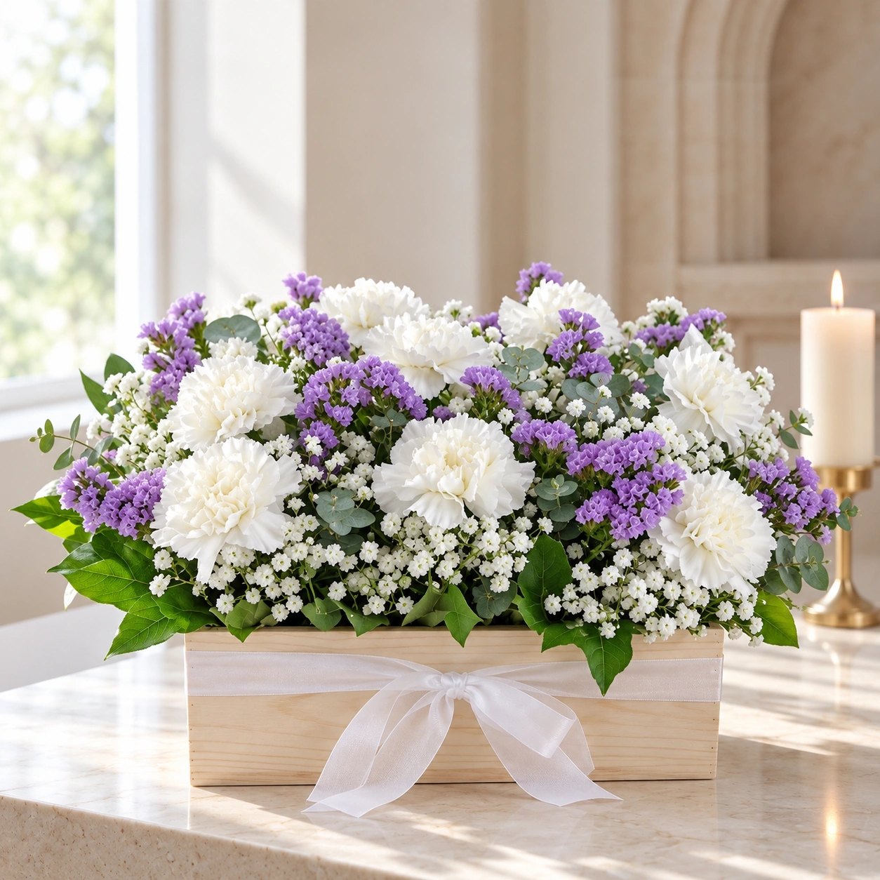 Violet Reverie flower box featuring white carnations, purple statice, delicate white filler flowers and fresh green foliage in a wooden box with a white ribbon.