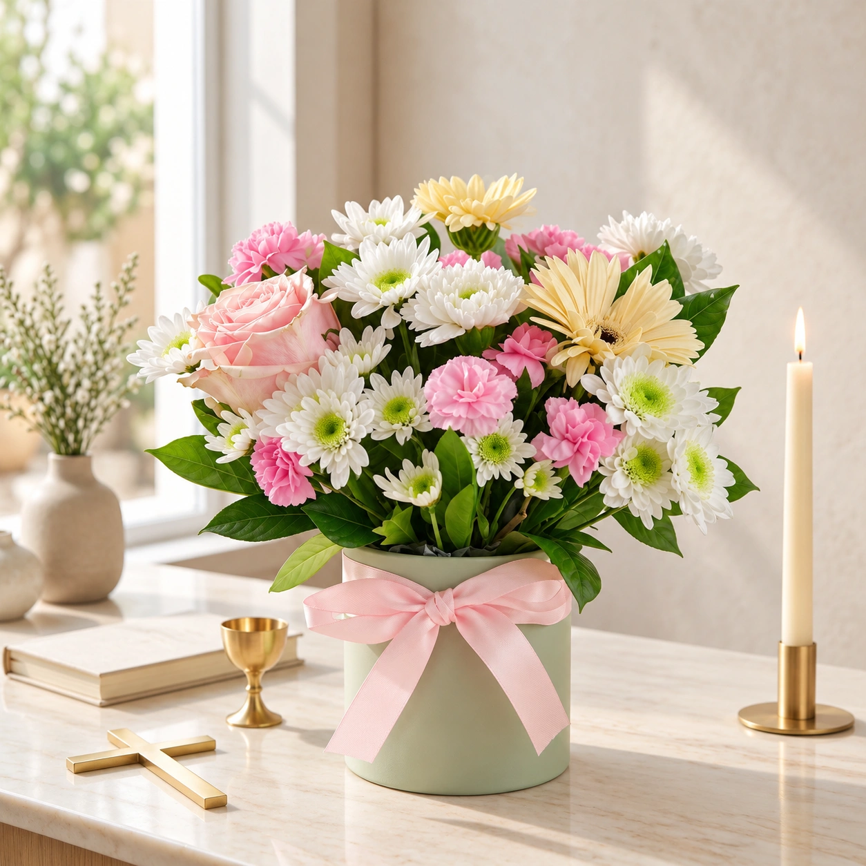 Petals of Promise pastel flower arrangement featuring pink carnations, white chrysanthemums, yellow gerberas, a blush pink rose and green foliage in a sage-green vase with a pink ribbon.