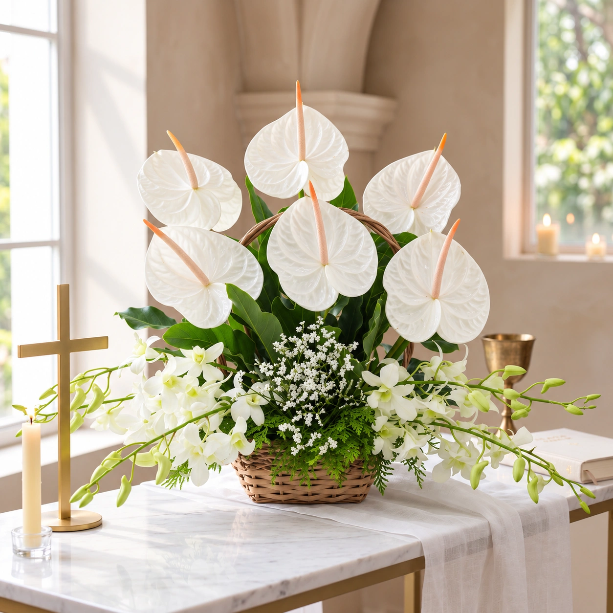 A Hymn in White White Anthurium and Orchid Basket featuring six white anthuriums, white orchids, delicate white fillers, lush green foliage and a woven basket, styled for a serene memorial tribute.
