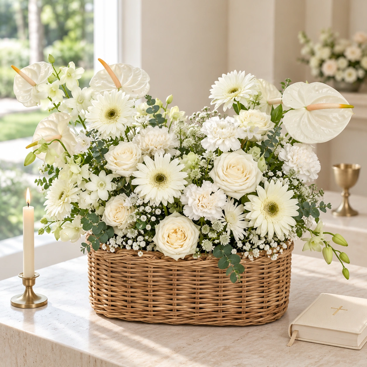 Ivory Evermore White Rose and Anthurium Flower Basket featuring 5 white anthuriums, 5 white gerberas, 6 white roses, 6 white carnations, 5 white orchids and green and white foliage in a woven basket.
