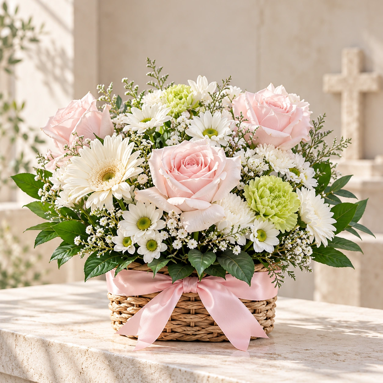Blush Serenade Pink Rose and White Gerbera Flower Basket featuring 3 pink roses, 1 white gerbera, 3 green carnations, 5 white chrysanthemums, delicate white fillers, green foliage and a pink satin ribbon.