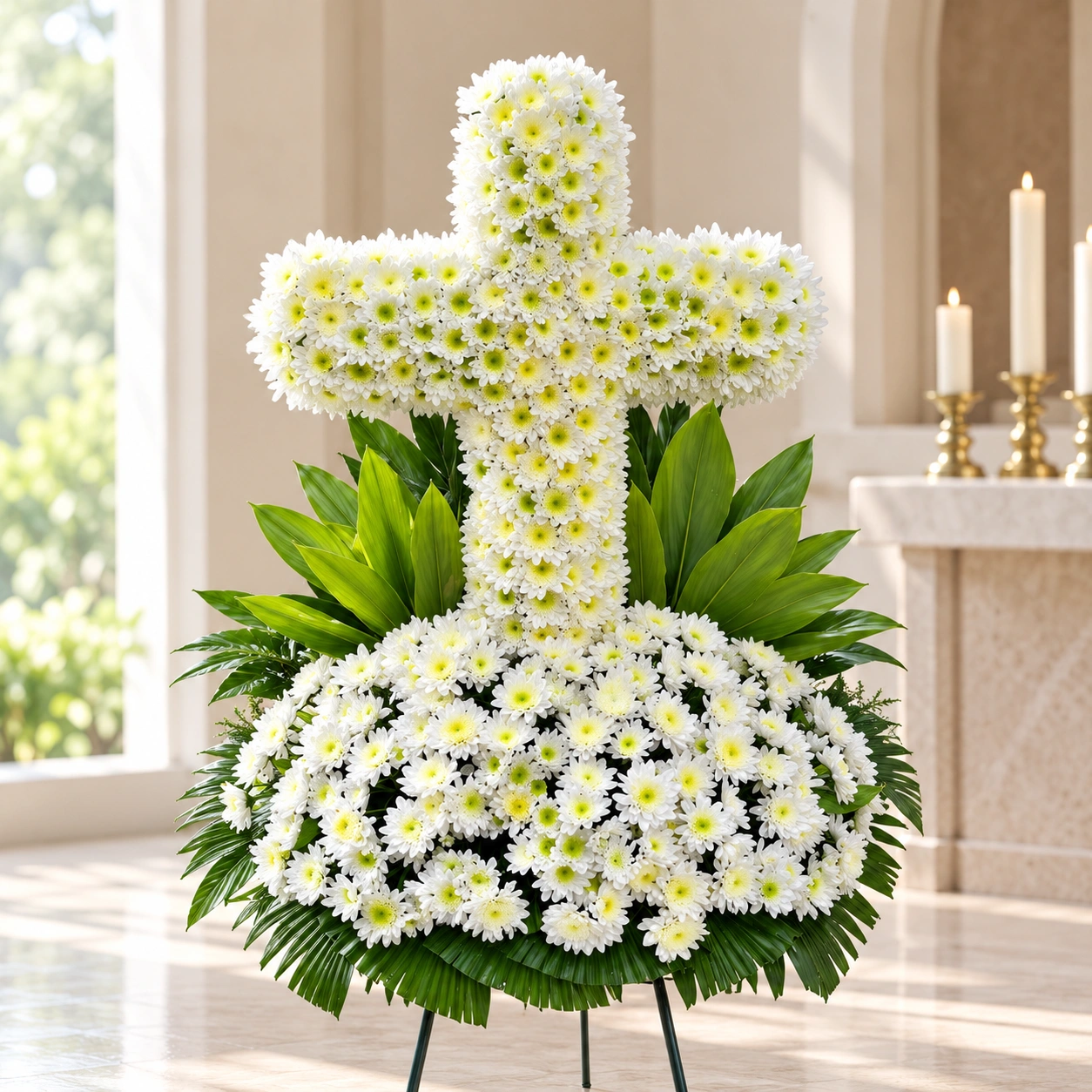 White chrysanthemum cross flower stand featuring delicate white blooms with pale green centres, arranged over a bed of white chrysanthemums and framed by lush green foliage.