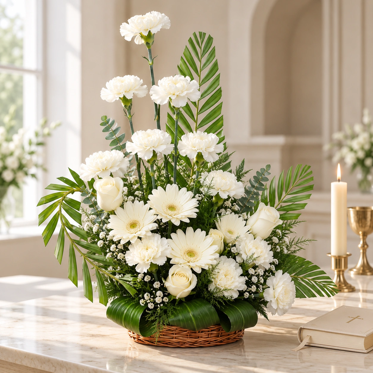A Quiet Ascension white floral basket featuring white roses, carnations, gerberas, delicate white fillers and lush green foliage with decorative palm leaves in a woven basket.