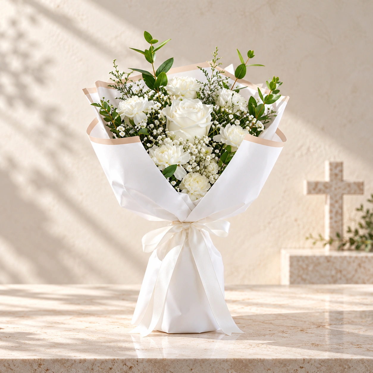 Words Left Unspoken white floral bouquet featuring 7 white carnations, 1 white rose, delicate white fillers and fresh green foliage, wrapped in white paper and finished with an ivory satin ribbon.