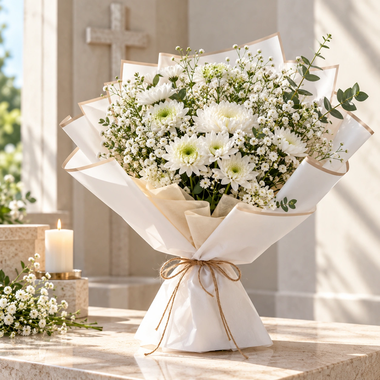 White chrysanthemum bouquet with gypsophila and eucalyptus in white wrapping.