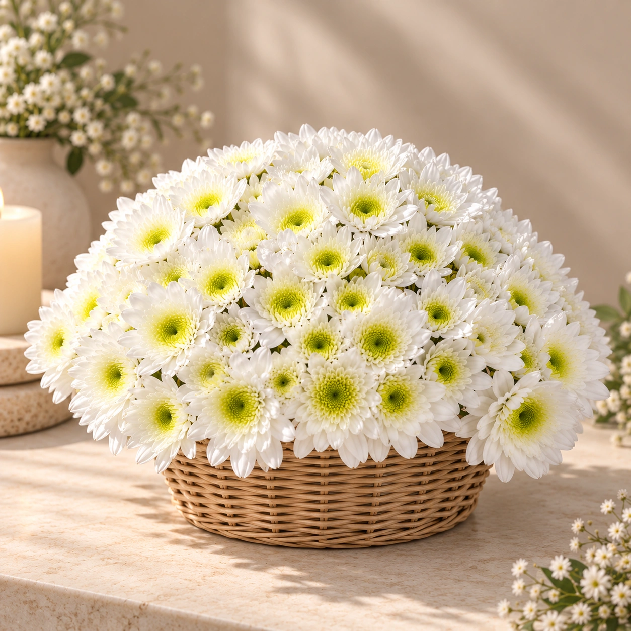 Dome-shaped basket arrangement of white chrysanthemums with pale green centres, presented in a natural woven wicker basket.