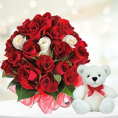 18 Red Roses and 3 White Roses with Teddy Bear