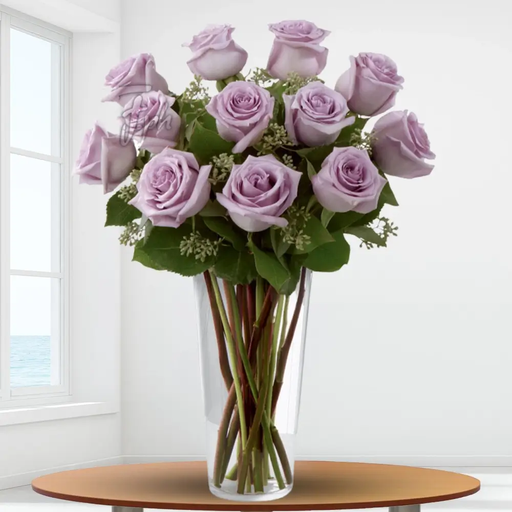 12 purple roses in vase with fillers