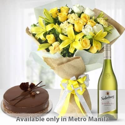 3 yellow lilies, 9 yellow roses, 4 white roses, and 4 yellow carnations &  1 Kg chocolate cake and a bottle of white wine
