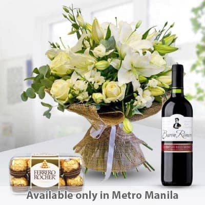 White Roses Lilies Eustomas with red Wine and Chocolates