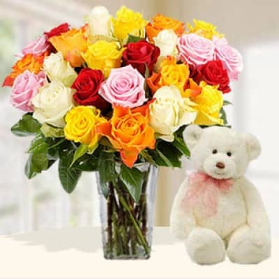 20 Mixed Roses & Teddy
