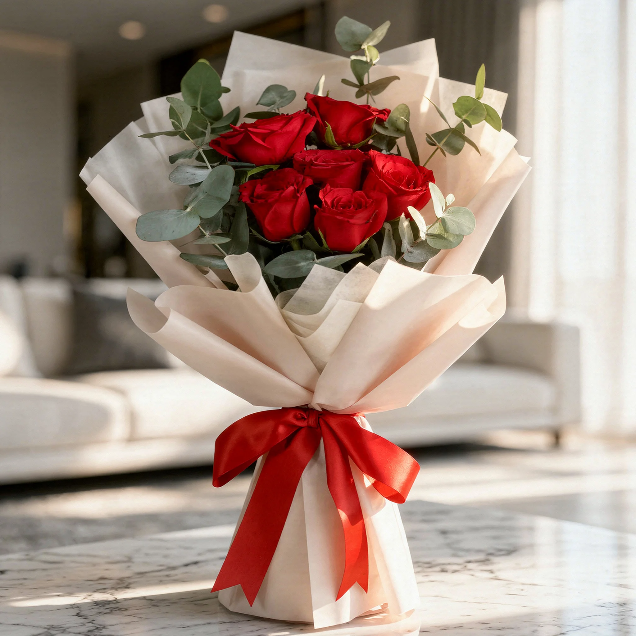 6 red roses and hypericum bouquet