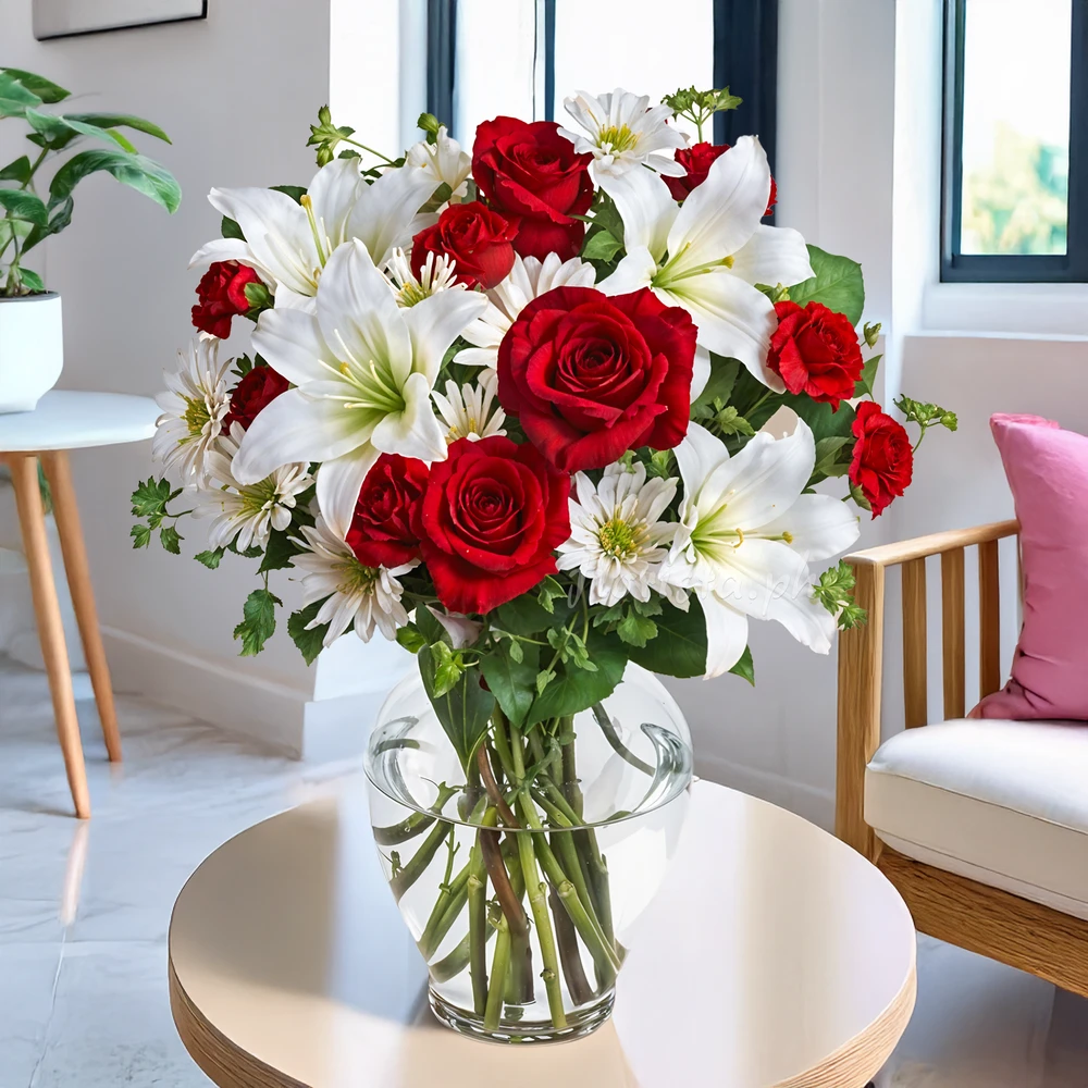 Roses, lilies and chrysanthemums in a glass vase