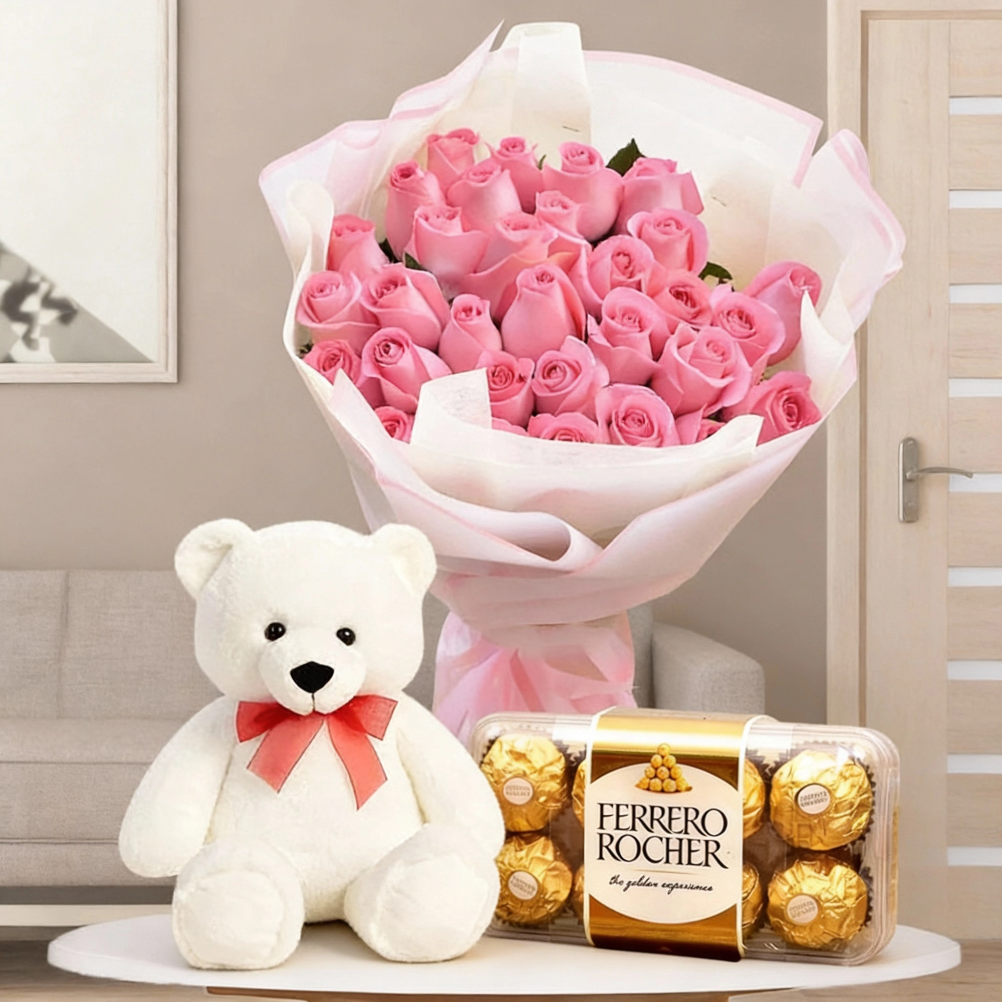 Stunning Delight - 15 Roses with Ferrero & Teddyc